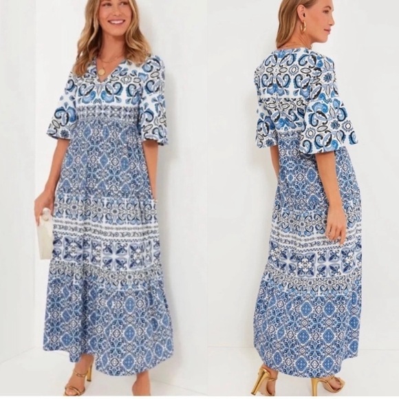 Tuckernuck Blue Majolica Tile Ginger Maxi Dress sz xL NWT Flutter Sleeves Tiered - Picture 1 of 4